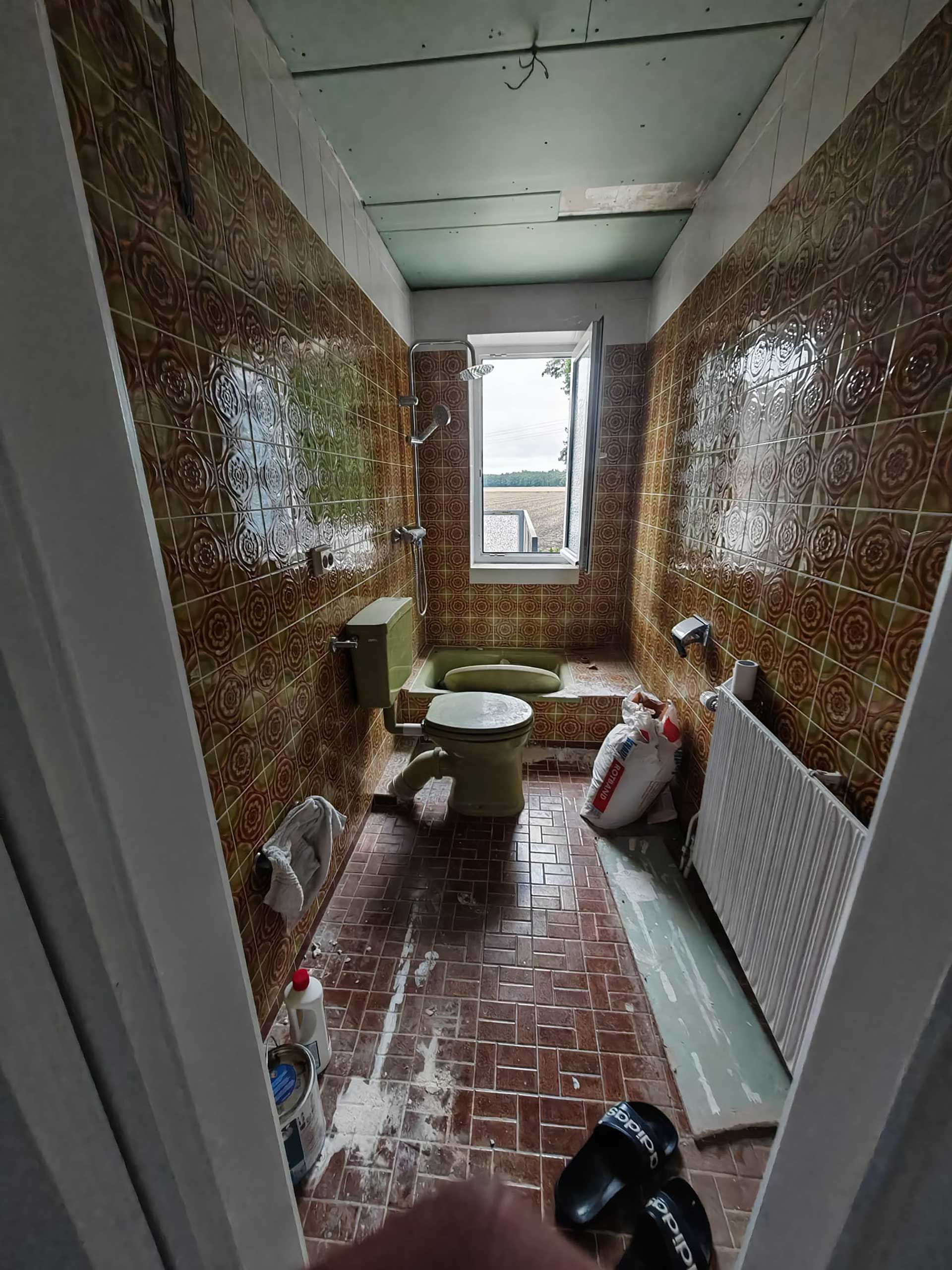 Altes Badezimmer mit grüner Toilette und Fliesen, Blick aus Fenster, Renovierungsarbeiten erkennbar.