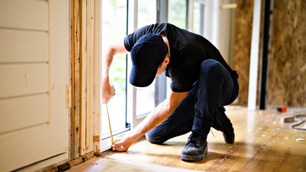 Ein junger Mann beim Einbau einer doppelten Schiebetür auf einer Baustelle für ein neues Haus