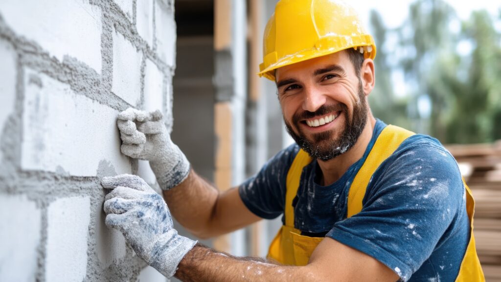 Ein lächelnder Bauarbeiter mit gelbem Helm und Sicherheitsausrüstung verputzt eine Backsteinmauer und zeigt damit seine Fähigkeiten und sein Engagement im Baugewerbe.