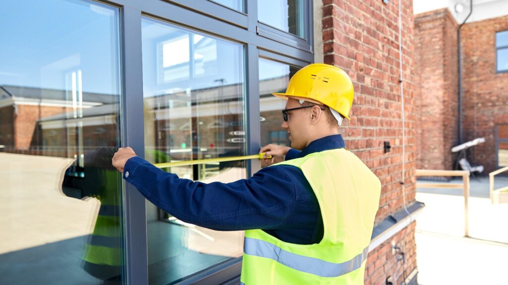 Männlicher Bauarbeiter mit Lineal beim Ausmessen eines Fensters