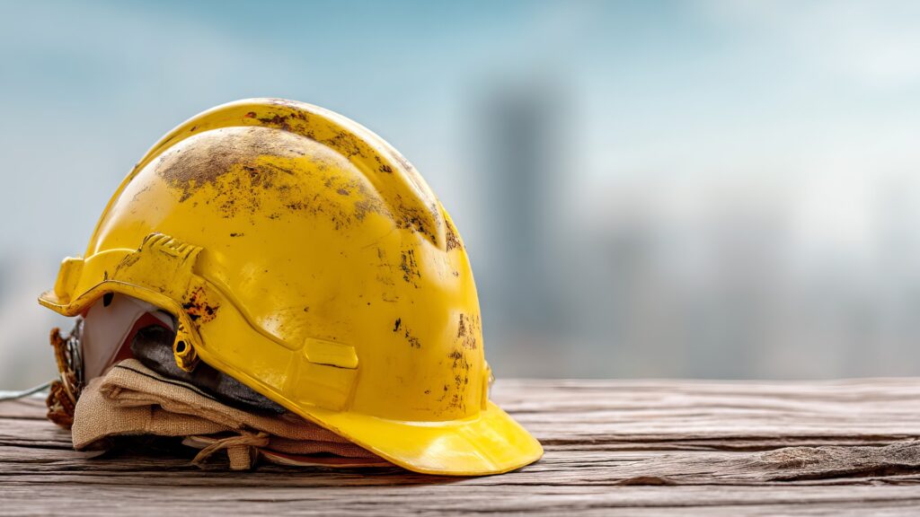 Gelber verschmutzter Helm auf Holzplanken