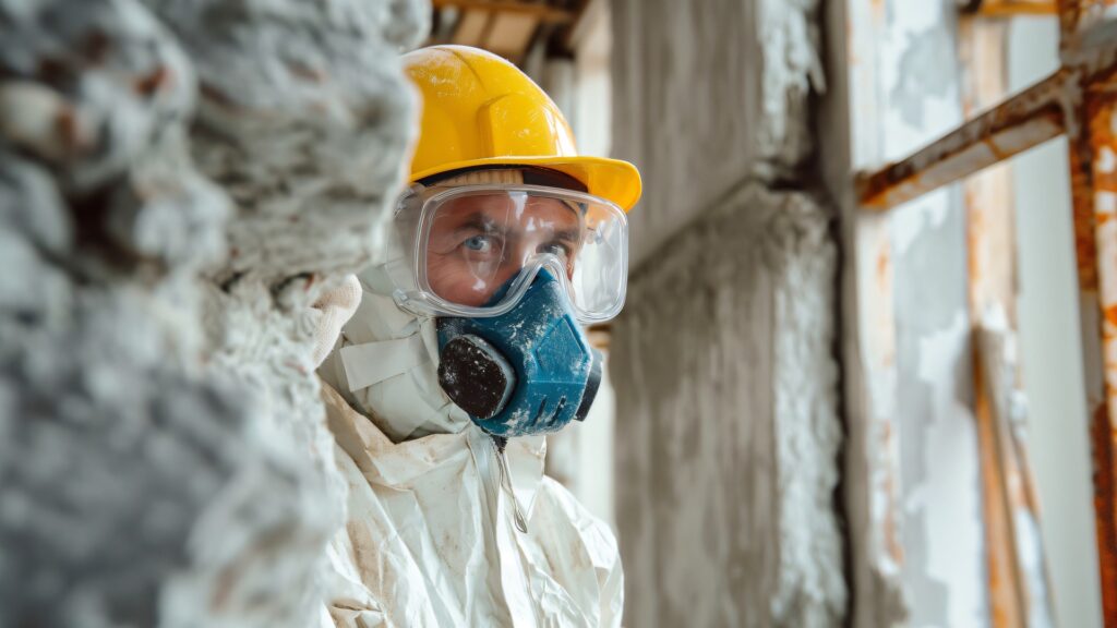 Ein Bauarbeiter trägt einen Schutzanzug und eine Maske, um Sicherheit und Schutz auf einer Baustelle zu gewährleisten