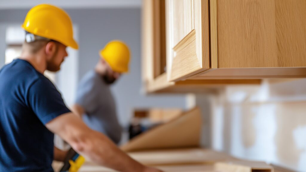Professionelle Arbeiter beim Einbau von Küchenschränken